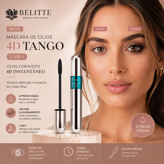 Máscara de Cílios Tango 4D 2 em 1 – Volume + Alongamento, À Prova d’Água