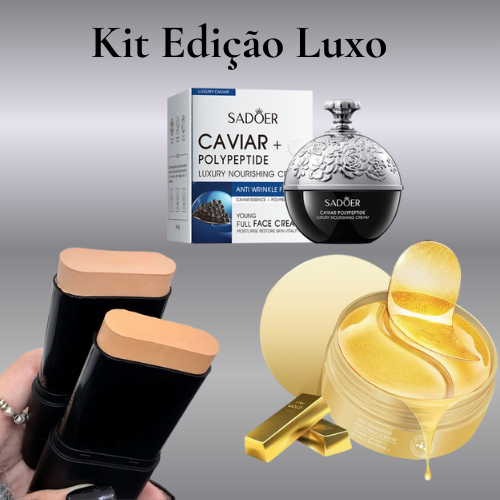 Kit Edição Luxo Exclusivo / Creme facial Caviar Sodoer©/Máscara de Colágeno para Olhos©/ Base maquiagem Corretiva