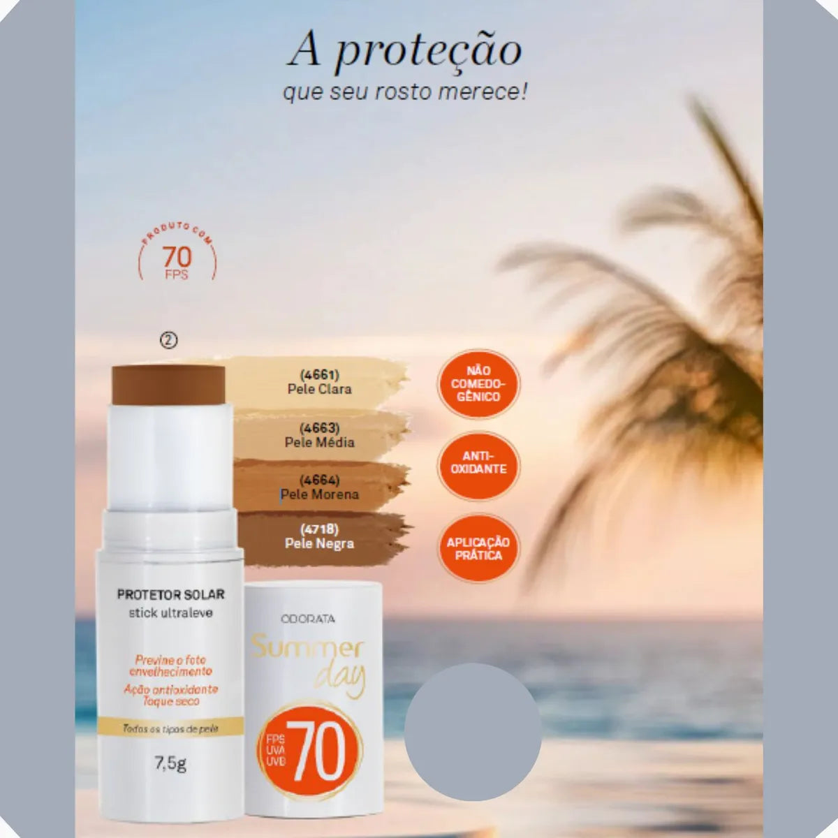 Protetor Solar © Stick com Cor FPS 70 Odorata Com Ação Antioxidande Resistente á Água e ao Suor 7,5g
