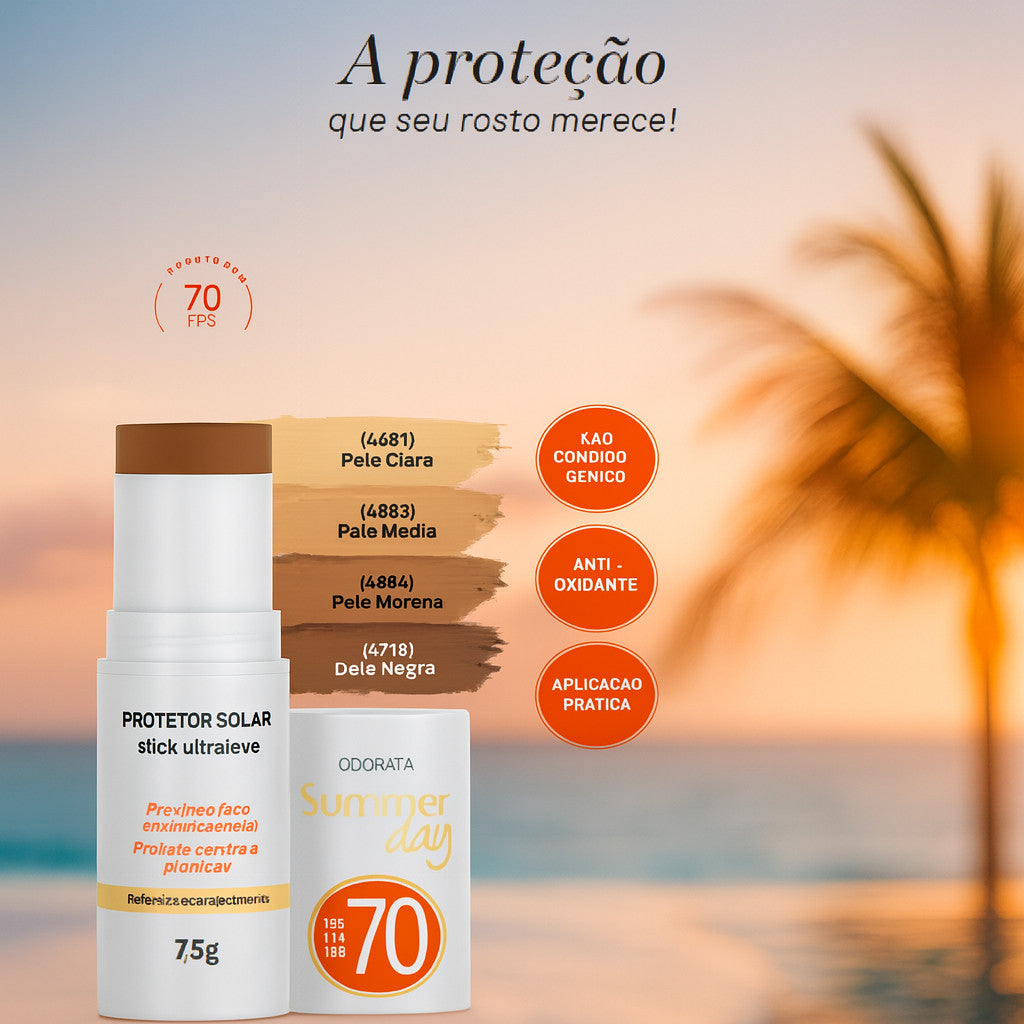 Protetor Solar © Stick com Cor FPS 70 Odorata Com Ação Antioxidande Resistente á Água e ao Suor 7,5g